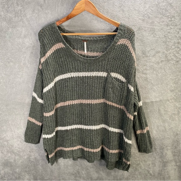 Free People Sweater Small Olive Green Striped Knit Top Pullover Boho Casual - Picture 1 of 12